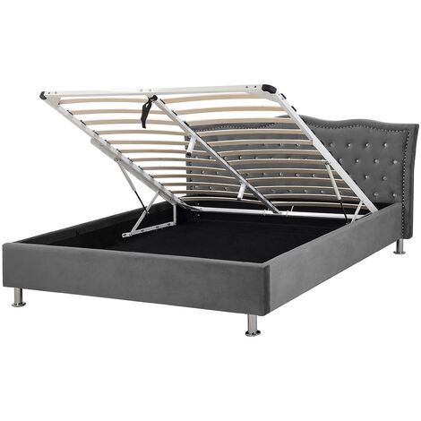 Cama tapizada en terciopelo gris 140 x 200 cm con almacenaje y somier cabecero decorativo con cristales y tachuelas Metz - Gris