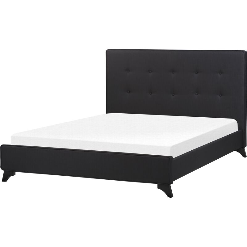 Beliani - Cama con somier de poliéster negro 140 x 200 cm cabecero acolchado somier patas madera caucho Ambassador