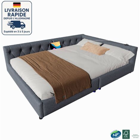 Cama tapizada para adultos 140x200 - somier de láminas - lino - puertos y tomas USB+Tipo C - Respaldo con botones - Iluminación ambiental con mando a distancia - Gris
