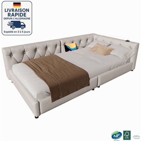 Cama tapizada para adultos 90x200 - somier de láminas - lino - puertos y enchufes USB+Tipo C - Respaldo con botones - Iluminación ambiental con mando a distancia - Beige