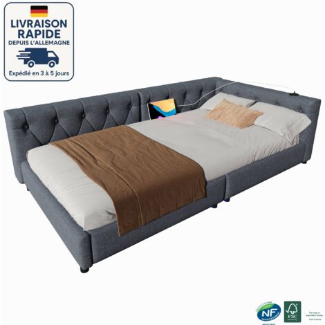 Cama tapizada para adultos 90x200 - somier de láminas - lino - puertos y tomas USB+Tipo C - Respaldo con botones - Iluminación ambiental con mando a distancia - Gris