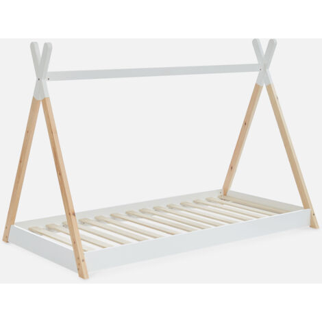 Cama tipi infantil de pino natural con base, 90cm