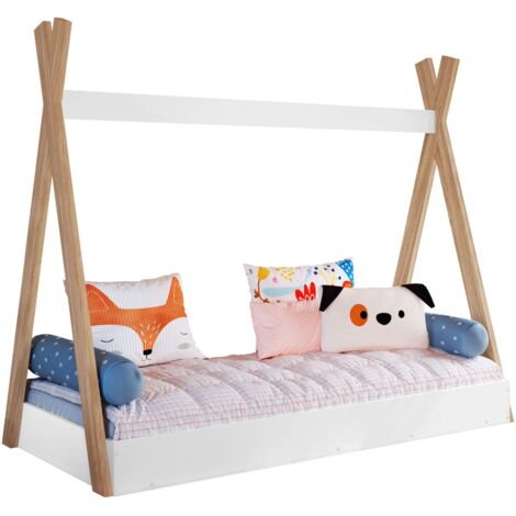 Cama Tipi Infantil Montessori, Cama Para Niños con Láminas de Somier, Melamina Blanco Mate y Roble 80x190 cm