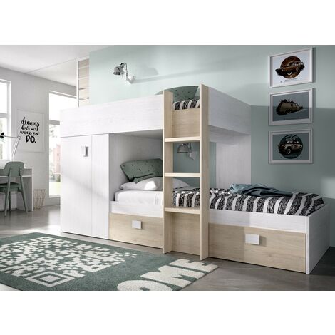 Cama Tren con Armario y 2 cajones Artic / Natural 150x271x11 cm - GROE - Artic y Natural