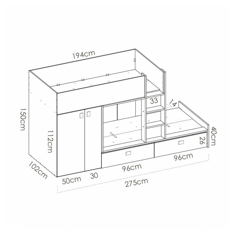 

Iberahome - Cama tren modelo MATT - Color fines con tortora - 150x275x108