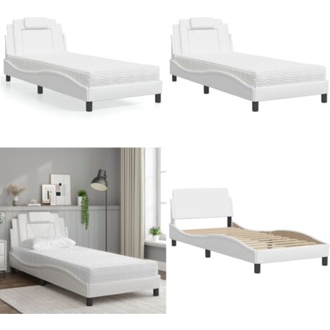 Cama Viana con colchón cuero sintético blanco 90x190 cm - Colchón de espuma - Cama de cuero sintético