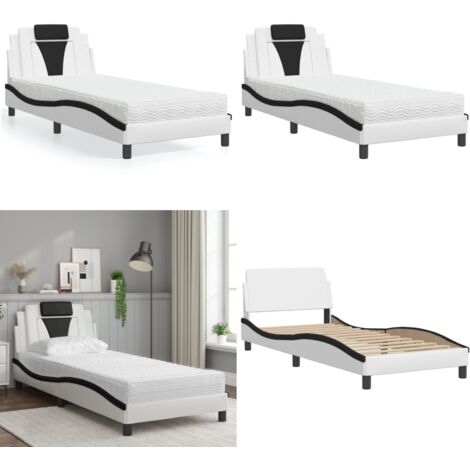 Cama Viana con colchón cuero sintético blanco y negro 90x190 cm - Colchón de espuma - Cama de cuero sintético