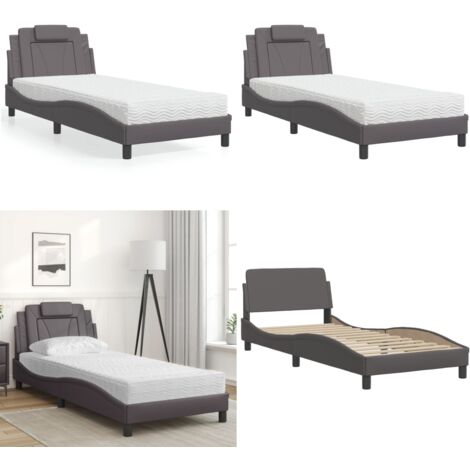 Cama Viana con colchón cuero sintético gris 90x190 cm - Colchón de espuma - Cama de cuero sintético