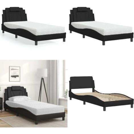 Cama Viana con colchón cuero sintético negro 90x190 cm - Colchón de espuma - Cama de cuero sintético