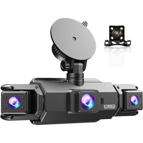 Cámara de salpicadero para coche con 4 cámaras, grabadora HD 1080P (delantera), 720P (interiores y traseras), sin WiFi, tarjeta de memoria de 64 GB, 3 puertos de encendedor, 120 W, pantalla IPS de 3",