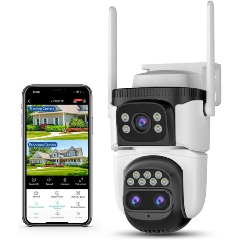 Cámara de seguridad de tres lentes, cámara exterior 2K, detección de presencia humana, visión nocturna, alarma con sirena y foco, audio bidireccional, almacenamiento local y en la nube, zoom 10x