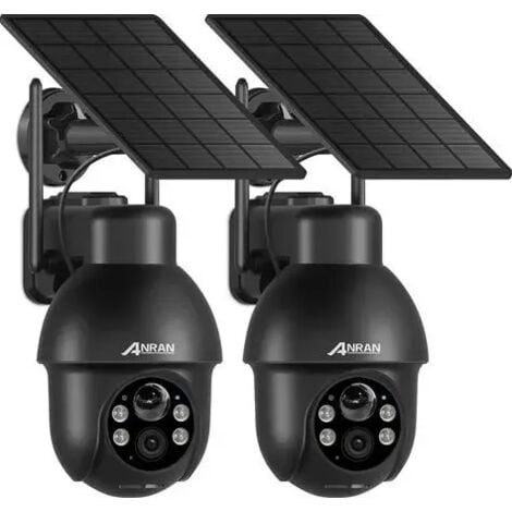 Cámara de vigilancia WIFI exterior 3MP inalámbrica solar, Alarma sonora, Audio bidireccional, Detección de movimiento PIR, Visión nocturna en color de 30m, Compatible con Alexa, ANRAN Q03 Negro - 2 un