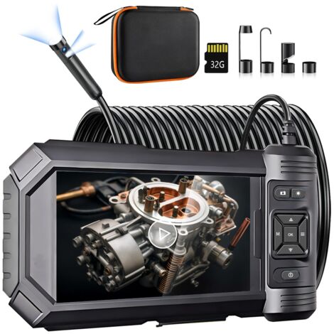 Cámara endoscópica, endoscopio industrial DPduct con lente de 7,9 mm, luz LED 8+1, cámara de inspección impermeable IP67, pantalla IPS HD de 5” 1920p, tarjeta TF de 32 GB, cable serpentín semirrígido 