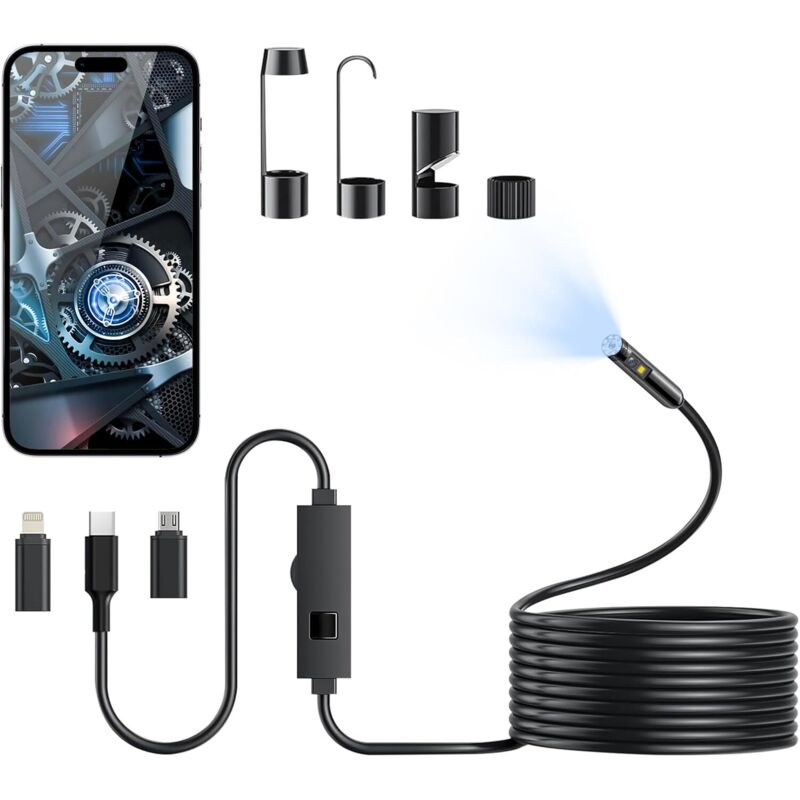 Cámara endoscópica HD de 1920p, cámara de inspección endoscópica de doble lente, cámara endoscópica USB 3 en 1, rango extendido con 8+1 luces LED