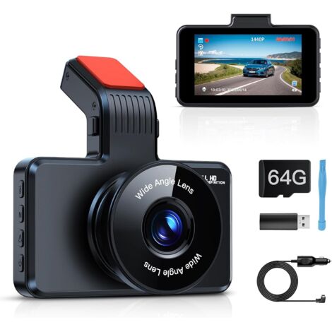 Cámara frontal para coche con tarjeta SD de 64 GB, 1080P FHD de 3", gran angular de 170°, visión nocturna, WDR y grabación en bucle