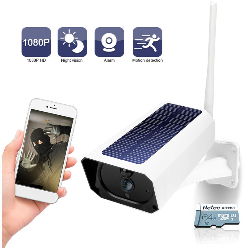 

Happyshopping - Camara solar DC08 WIFI, complemento inalambrico Minitor 1080P, alarma de deteccion de movimiento,64G