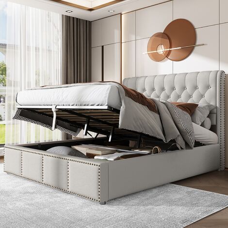 ZERBACO Camas con canapé abatible Cama arcón Cama tapizada Cama adulto 140 x 200 cm terciopelo Gris claro