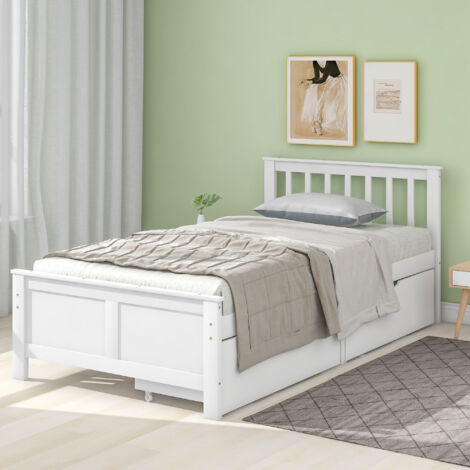 Camas para adulto 90x200 cm con 2 cajones, camas individuales, somier de láminas, madera, sin colchón, blanco