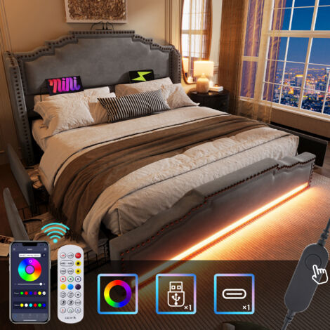 Camas para adulto con 4 cajones 160x200 cm, sin colchón, camas dobles LED, USB, terciopelo, gris