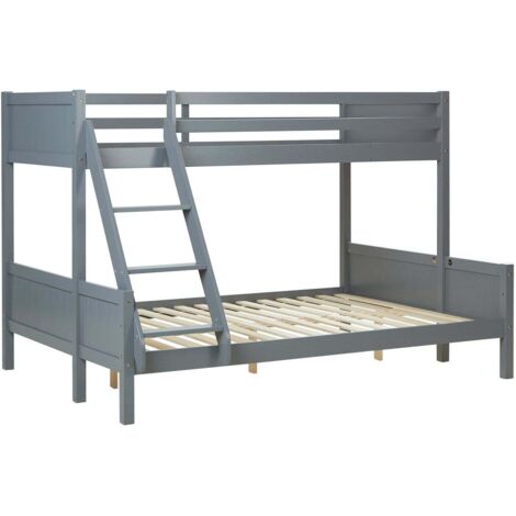 Camas para niños litera 3 camas con somier 1 cama doble 140x200 cm y 1 cama individual 90x200 cm gris madera LIT06251
