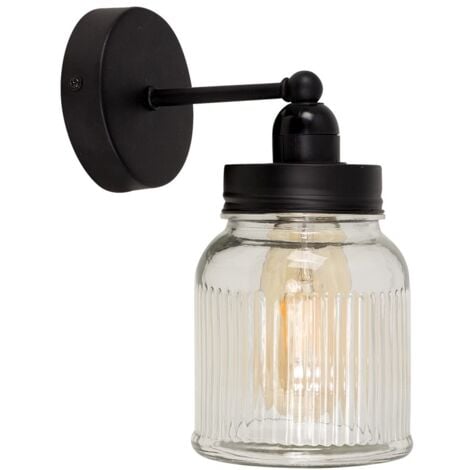 Cambourne Industrial Satin Black Pipework Single Wall Light with Clear Glass Jar Shade