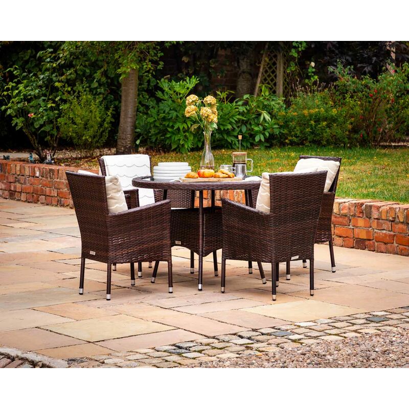 Cambridge 4 Rattan Garden Chairs And Small Round Table Set In Cambridge 4 Rattan Garden Chairs And Small Round Table Set In Chocolate Cream