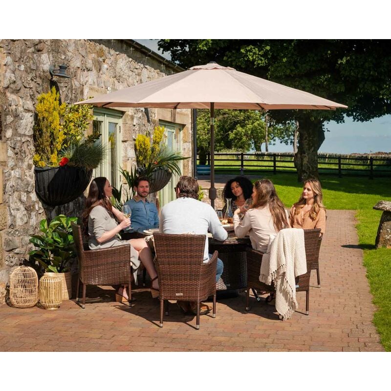 Rattan Direct - Cambridge 6 Rattan Garden Chairs and Large Round Dining Table Set in Chocolate and Cream