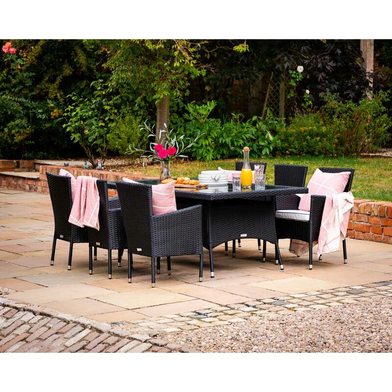 Rattan Direct - Cambridge 6 Chairs and Rectangular Dining Table Set in Black and Vanilla