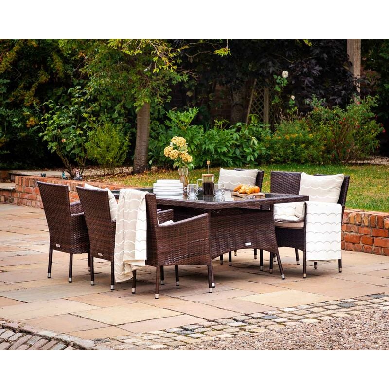 Rattan Direct - Cambridge 6 Rattan Garden Chairs and Rectangular Dining Table Set in Chocolate and Cream