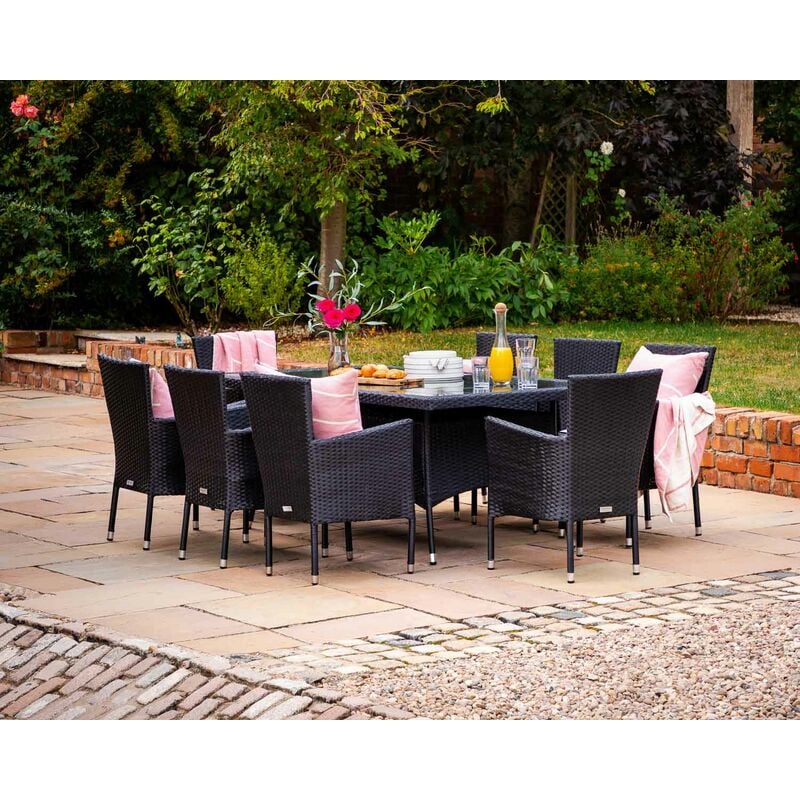 Rattan Direct - Cambridge 8 Rattan Garden Chairs and Rectangular Dining Table Set in Black and Vanilla