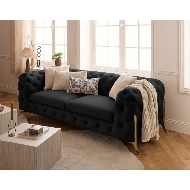 Camden - canapé 3 places chesterfield en velours - pieds en métal doré