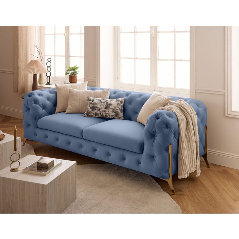 Lisa Design - Camden - canapé 3 places chesterfield en velours - pieds en métal doré