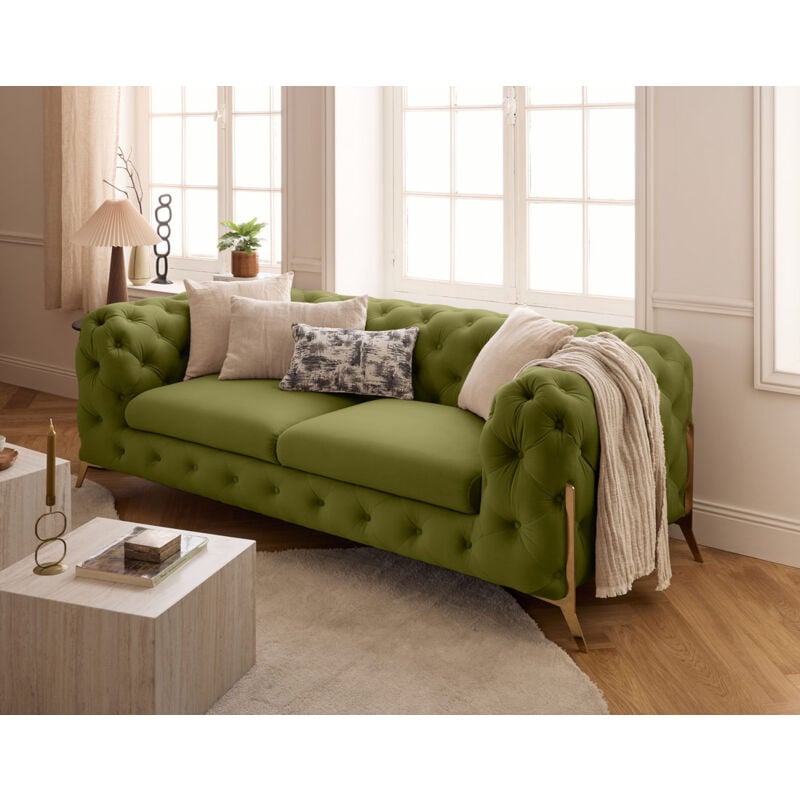 Lisa Design - Camden - canapé 3 places chesterfield en velours - pieds en métal doré - vert