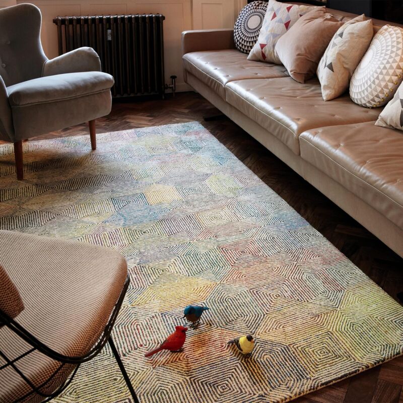 Camden Wool Viscose Hand Tufted Geometric Kaleidescope Cream Multi Coloured Rug Medium Medium 120x170 cm (4'x5'6