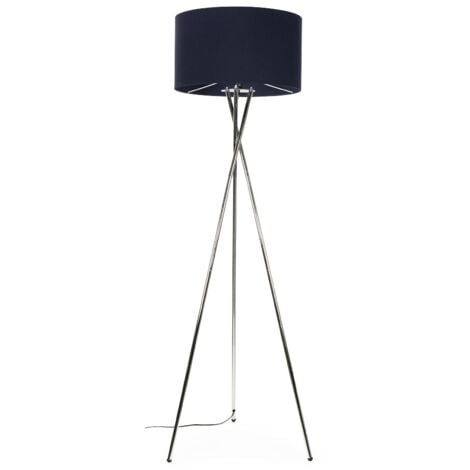 Camden Modern Polished Chrome Metal Tripod Floor Lamp with Navy Blue Cylinder Shade