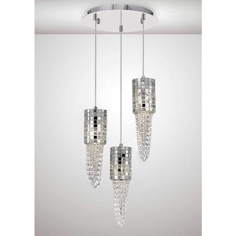 09diyas - Camden Pendant Light 3 Bulbs G9 round polished chrome / mosaic glass / crystal