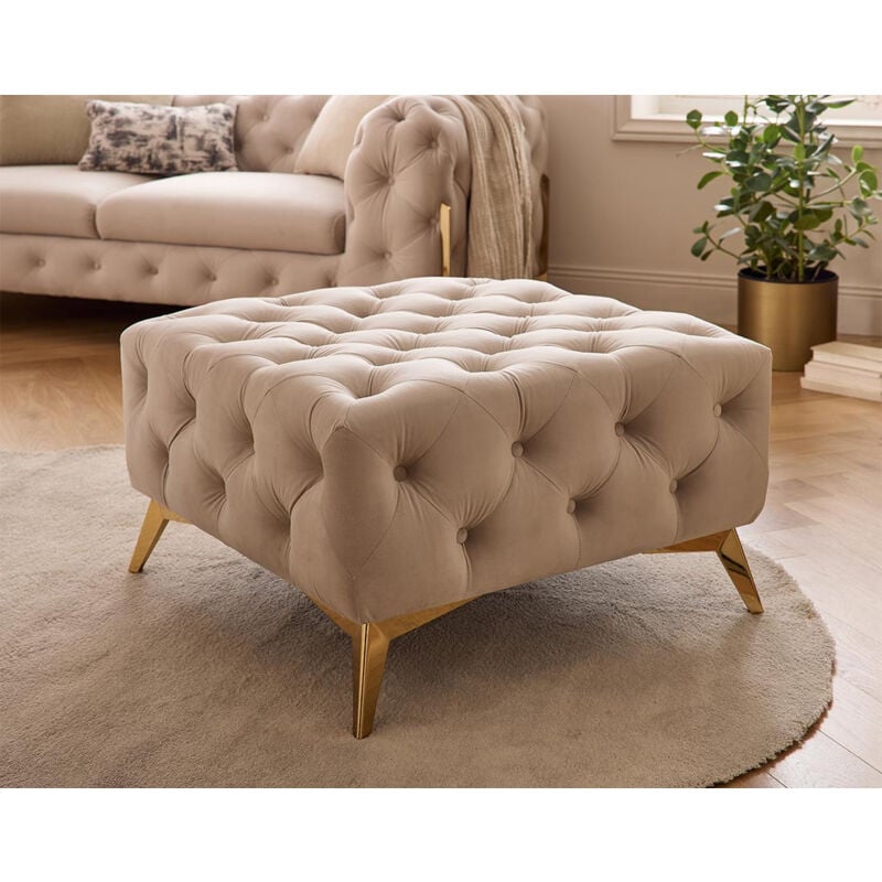 Lisa Design - Camden - pouf chesterfield en velours - pieds en métal doré - beige