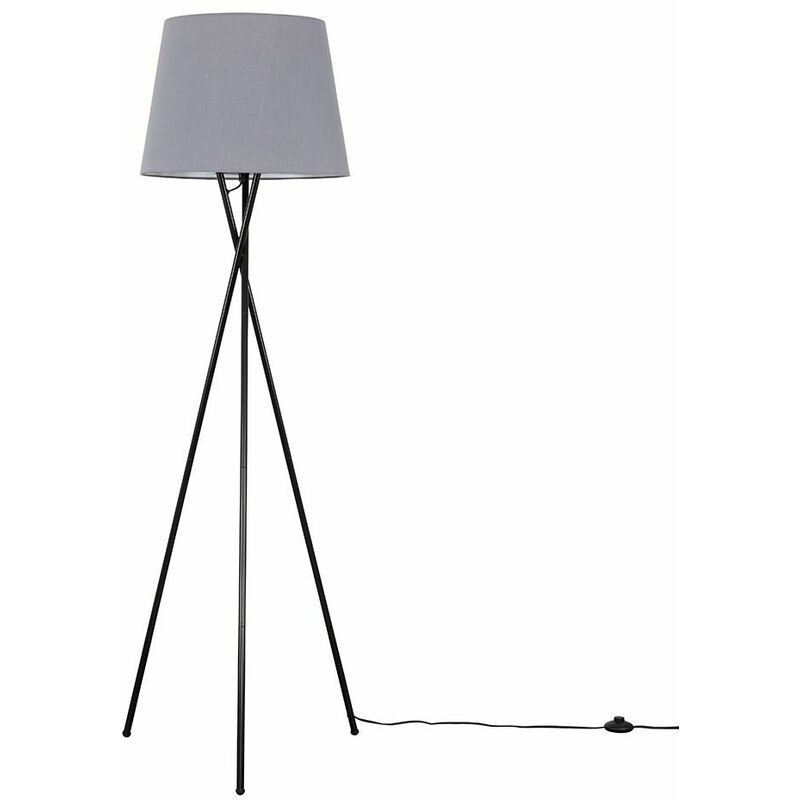 Minisun - Camden Tripod Floor Lamp in Black + Large Aspen Shade - Grey - No Bulb