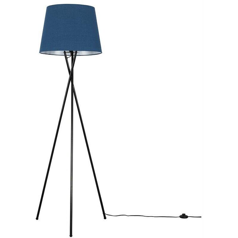 Minisun - Camden Tripod Floor Lamp in Black + Large Aspen Shade - Navy Blue - Including LED Bulb