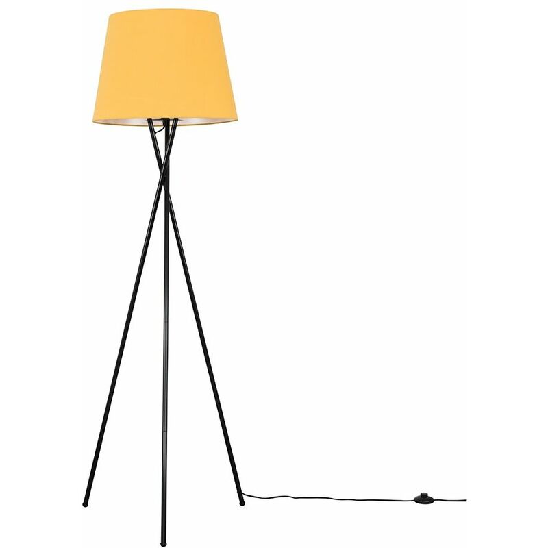 Minisun - Camden Tripod Floor Lamp in Black + Large Aspen Shade - Mustard - Including LED Bulb