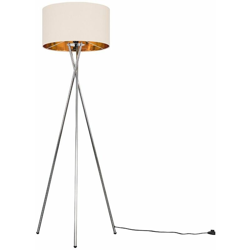 Minisun - Camden Tripod Floor Lamp in Chrome + Large Reni Shade - Fawn & Gold - No Bulb