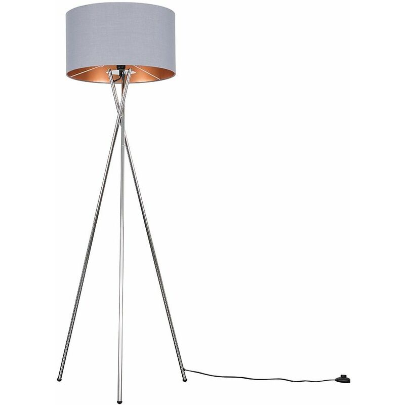 Minisun - Camden Tripod Floor Lamp in Chrome + Large Reni Shade - Grey & Copper - No Bulb