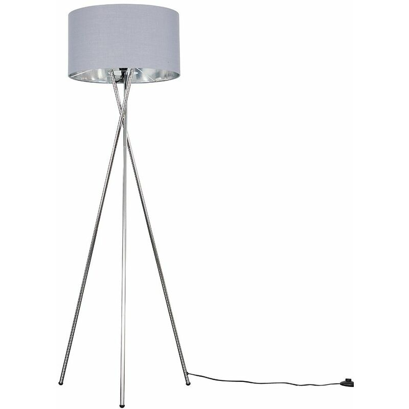 Minisun - Camden Tripod Floor Lamp in Chrome + Large Reni Shade - Grey & Chrome - No Bulb