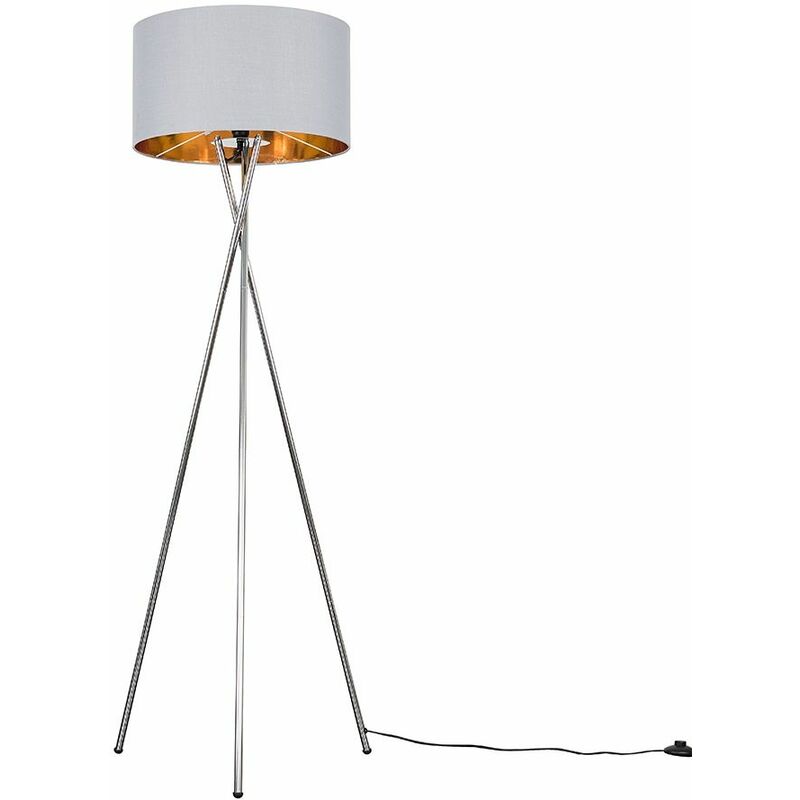 Minisun - Camden Tripod Floor Lamp in Chrome + Large Reni Shade - Grey & Gold - Including LED Bulb