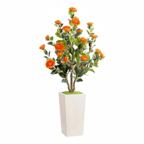 Camélia artificiel 120 cm, avec fleurs et feuilles en pot, matériau PE, décoration comme une vraie décoration pour salon, bureau, jardin, entrée - Orange