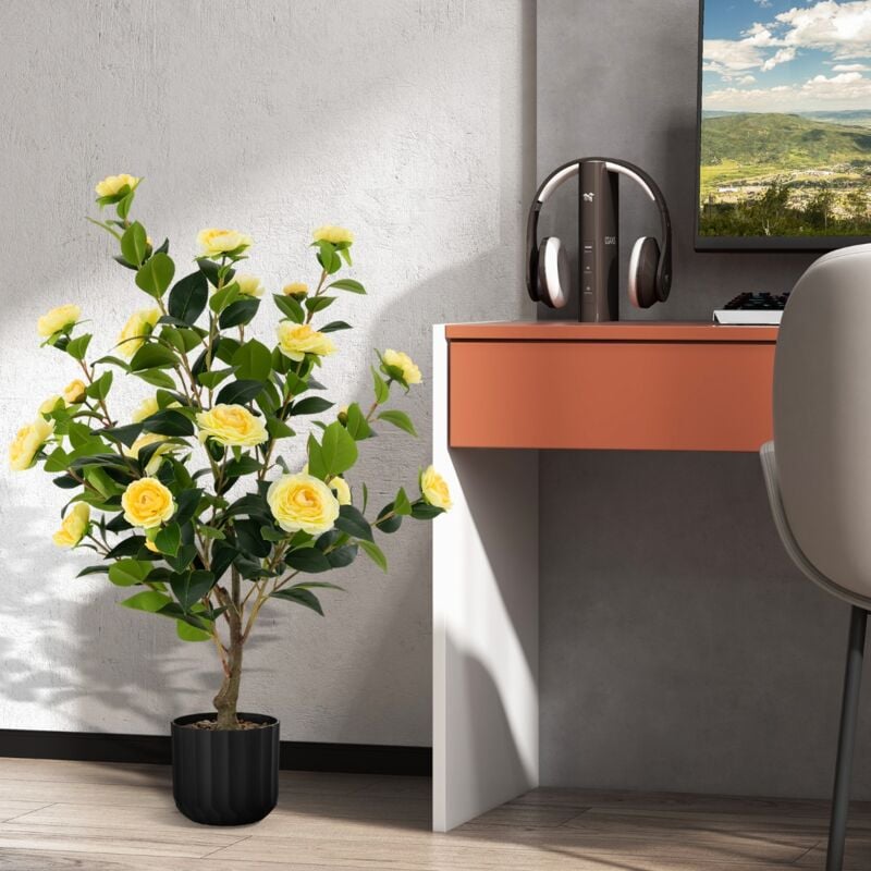 Maisonchic - Camélia Artificiel de 95 Cm Plante Artificielle à Fausses Fleurs Dans un Pot en Ciment Fausse Plante Florale Cadeau de Pendaison de
