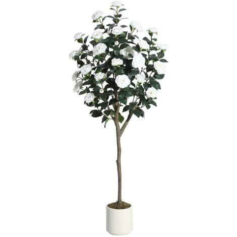 Camélia artificiel rouge 150 cm avec pot – fleurs en soie réalistes – pour maison, bureau et extérieur couvert