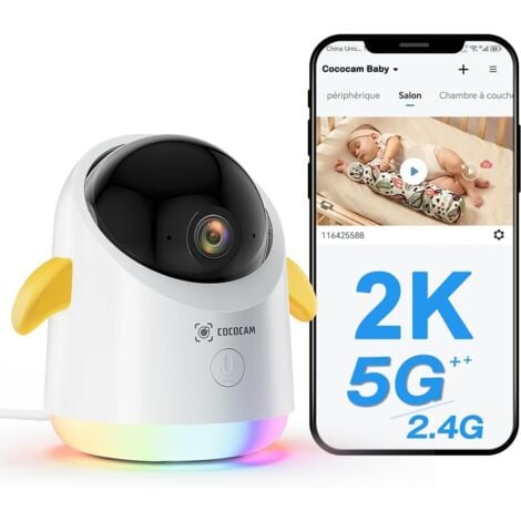 Caméra Babyphone COCOCAM 2K WiFi 2.4G/5G PTZ 355°/120°, Application mobile, Analyse IA, Détection des pleurs, Capteur température et humidité