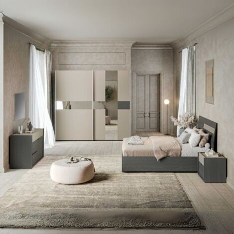 Camera da letto completa armadio scorrevole con specchi e letto contenitore in legno colore grigio e talco - Sonia