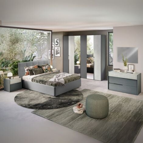 Camera da letto completa letto contenitore armadio con specchi e ante colore grigio e cemento - Faba